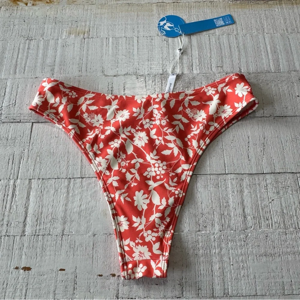 Cupshe Coral Orange Floral Bikini‎ Bottom NWT size Medium Hi-Cut Cheeky